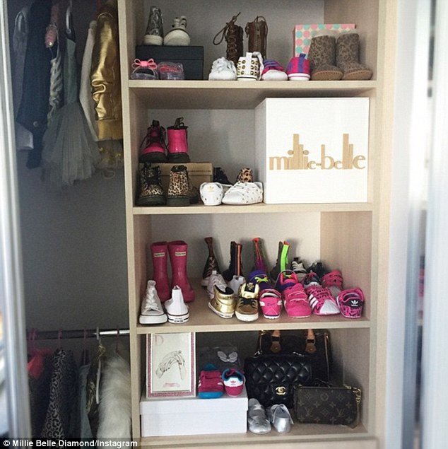 Designer wardrobe: 'Finally sorting Mbds shoes and handbags ... I've run out of room and had to house them in the draws below,' her mum Schye Fox wrote